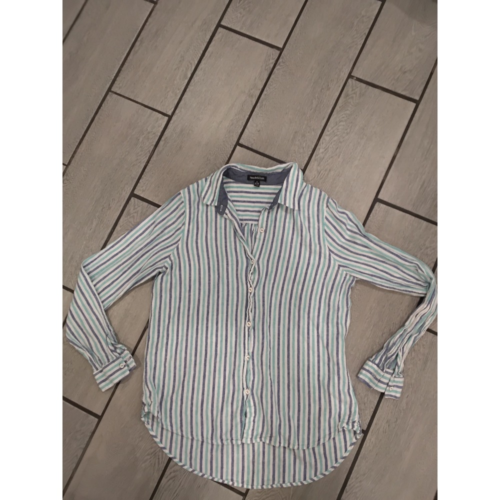 Needle & Cloth Womens Blue Teal Striped Linen Blend Button Down Shirt Medium